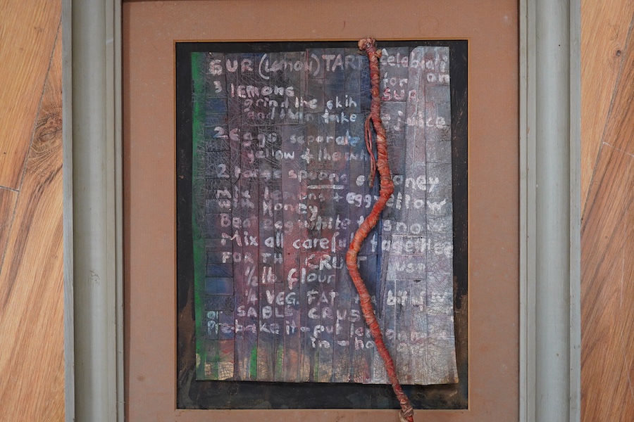 Andreas Senser (1952-89), mixed media and collage, Sur (Lemon Tart), dated 1982, with inscription to the reverse reading; “For Sur R. entirely beautiful, February 18th 1982 New York City”, with gallery label for Sur Rodn